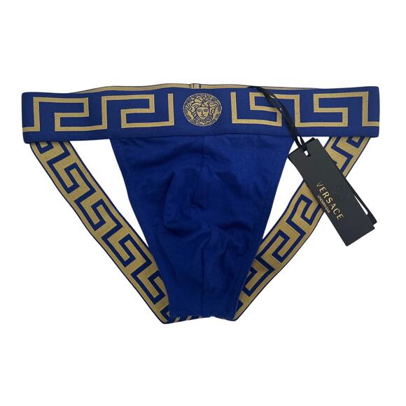 M2-4 VERSACE Men's Greca Jockstrap Underwear Stretch Blue/Gold Size 6/34-46/M - Picture 1 of 11